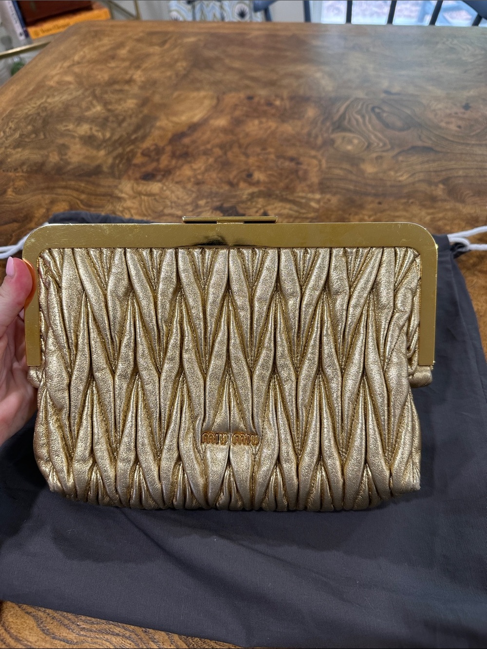Miu Miu Metallic Nappa Matelasse Clutch Gold